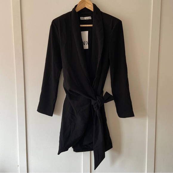Zara Dresses & Skirts - Zara Black Wrap dress with padded shoulders - Size Medium